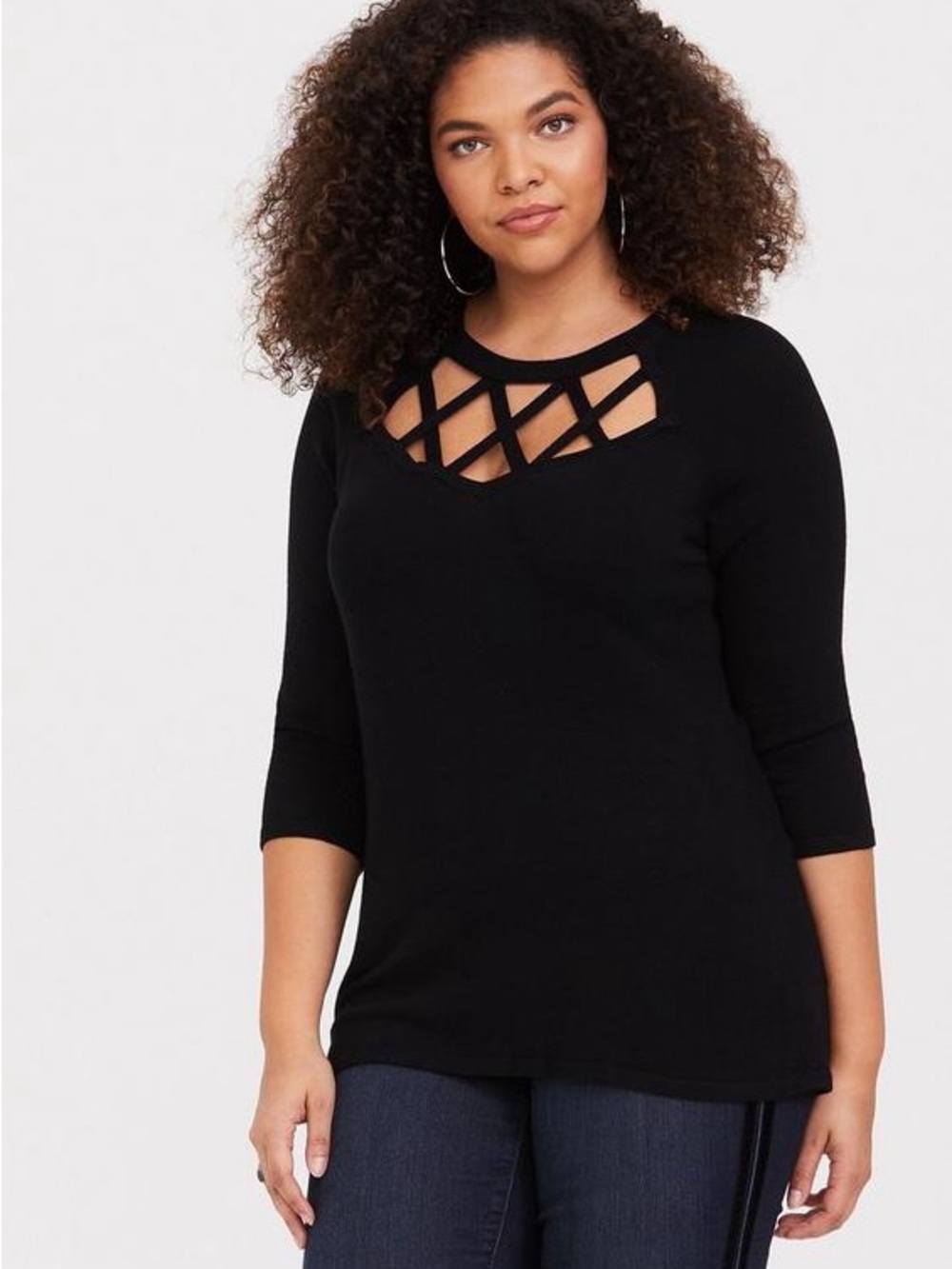 torrid Black Lattice Cutout 3/4 Sleeve Top